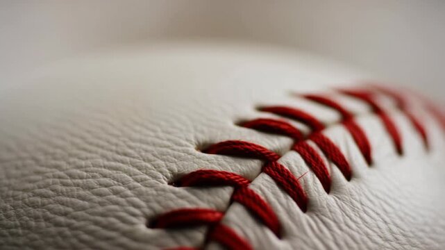 Extreme close-up baseball stitching on a leather ball in a controlled studio setting. Sports advertising, baseball equipment marketing, and athletic training content.
