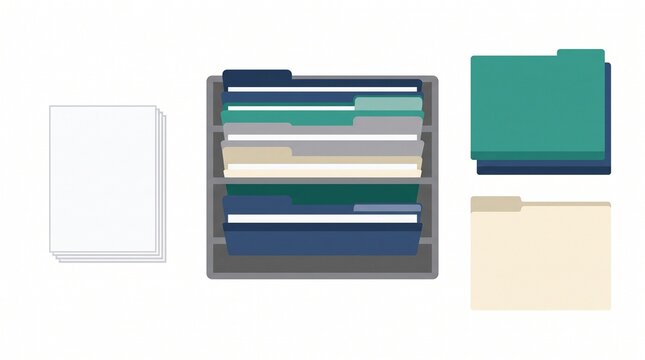 Isometric vector illustration of office document folders and filing cabinet with office files