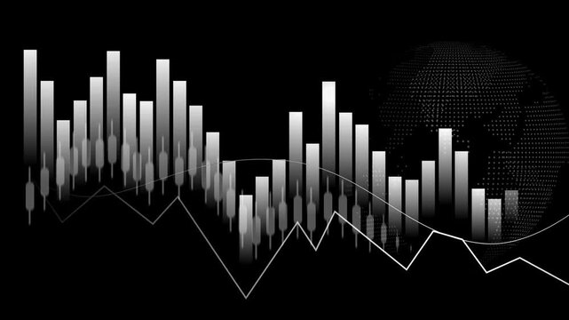 Financial chart with candlestick bars line graph and glowing globe on a grid background animation, Business market analysis and global business data