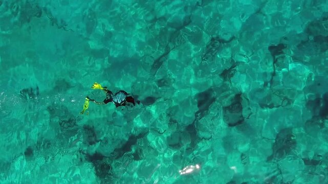 Aerial scuba diving training above rocky reef shows students and instructors in clear blue sea.