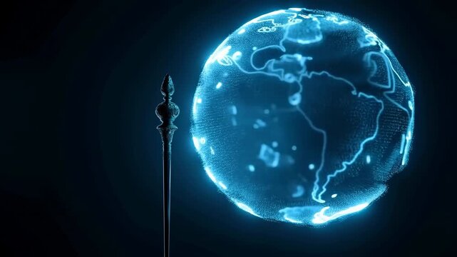 Rotating digital globe glows with map lines and particles in dark space. Technology presentations, internet service campaigns, and digital transformation content.