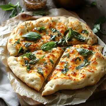 Freshly baked flatbread pizza with melted cheese and basil leaves rests on parchment, perfect culinary concept