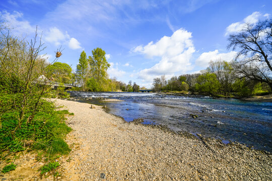 View of the Agger weir and the surrounding landscape near Troisdorf. Nature by the river.
