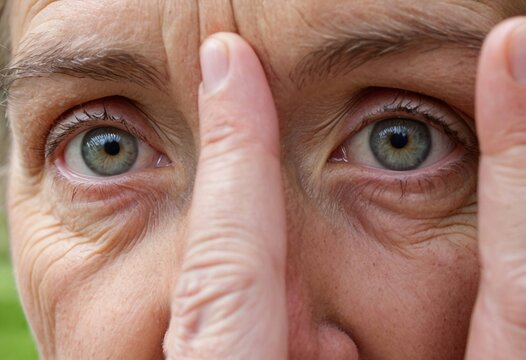 Close-up of an elderly person's eyes with a finger touching the brow, symbolizing focus or thought
