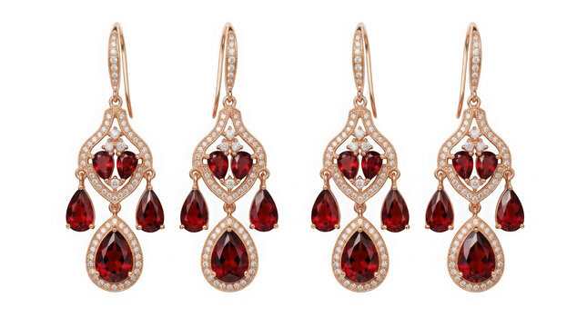 Ruby red chandelier drop earrings with diamonds isolated on transparent background