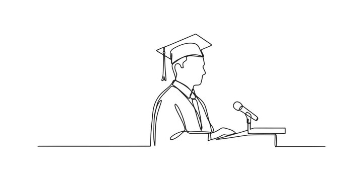 Continuous single line drawing of a male student wearing a graduation cap and gown giving a speech at a podium with a microphone