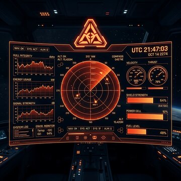 Futuristic spaceship cockpit dashboard with glowing orange holographic radar interface