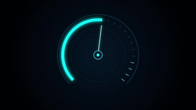 Futuristic digital speedometer with glowing cyan neon gauge, high speed internet connection indicator, abstract technology dashboard interface