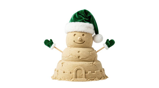 Sand snowman with green christmas hat on the beach isolated on transparent background