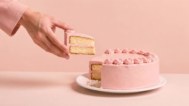 Elegant pink cake being served piece by piece in a charming setting. Witness the art of cake serving as a beautifully decorated pink cake is sliced and enjoyed
