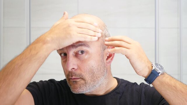 Bald middle aged man examines his head in the mirror during a private self image moment.