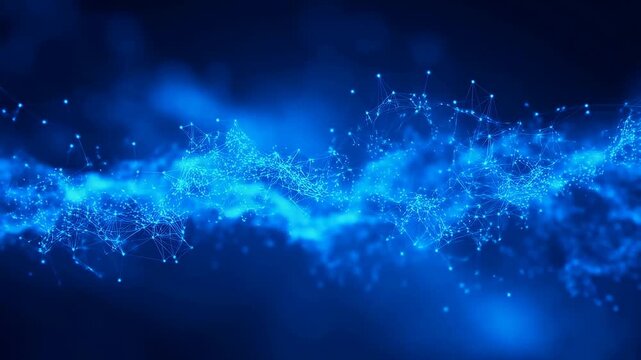 Glowing blue particles flow and connect through shifting network nodes on a dark blue gradient background. Abstract backdrop shaped by flowing motion, digital connectivity and data networks.