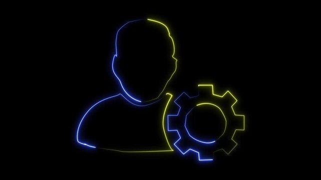 Profile icon illuminated by glowing blue and yellow neon tubes stands against a solid black background, illustrating the customization of user preferences within a modern software application.