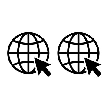 Two black flat web icons showing a globe with an arrow cursor pointing at it isolated on white