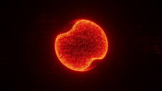 Glowing digital sphere morphs into a split rounded form in dark digital space. Technology presentations, software promotional media, and data science education.