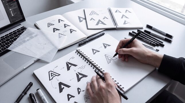 Designer sketching letter a logo concepts in a spiral notebook at a clean desk workspace with markers spiral sketchbook graphic designer draws