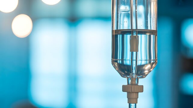 Intravenous infusion bag with clear medical fluid against a blurred hospital background
