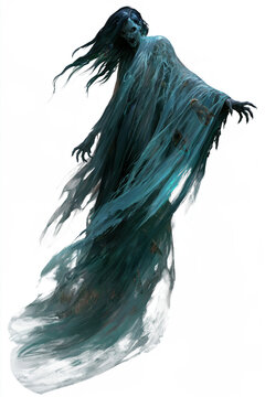 Ghost Female Spectral Apparition With Long Dark Hair and Flowing Robe for Halloween Horror Fantasy Role Play