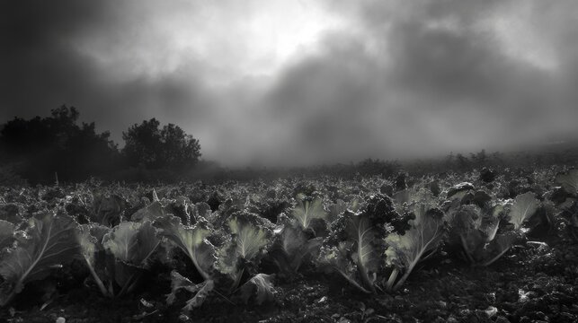 Cabbage field extends under a dramatic stormy sky filled with dark, heavy rolling clouds and atmospheric fog.