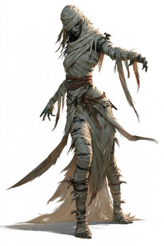 Mummy Female Undead Character Wrapped in Torn Ancient Bandages on White Background for Halloween Fantasy Role Play Games