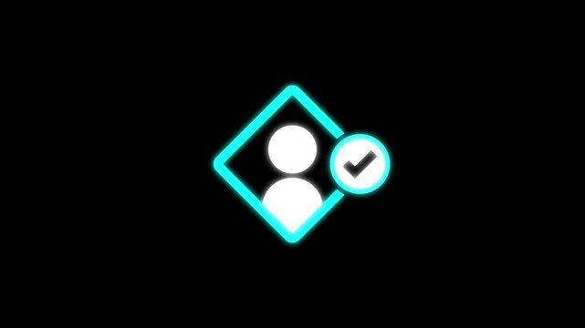 User profile verification icon with blue person silhouette, checkmark badge, and geometric frame representing identity approval, authentication, account security, and digital access management concept