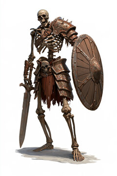 Skeleton Armored Warrior Holding Sword and Round Shield for Halloween Medieval Fantasy Role Play Battle Character