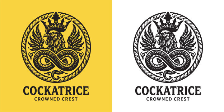 Cockatrice Crowned Crest Infinity Serpent Wings Round Logo Vector