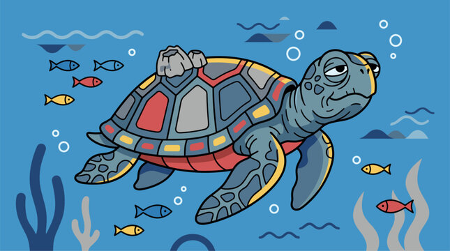 A stylized, flat design sea turtle swims with small fish and coral in blue water, featuring barnacles on its shell.