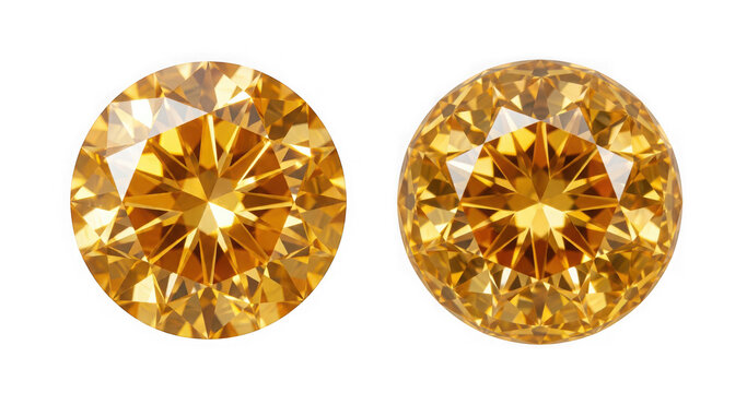 Pair of round cut yellow gemstones isolated on transparent background