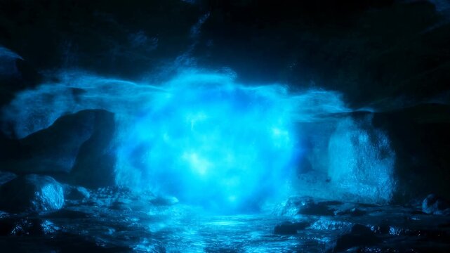 Blue glowing mist pulses inside a dark rocky cave above reflective wet ground. Fantasy film, game environment, and cinematic title sequence.