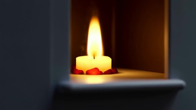Lit candle burns with red berries on an indoor ledge in a dark, warm setting. Romantic dinner promotion, restaurant ambiance advertising, and spa and wellness marketing.