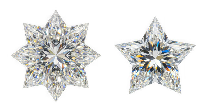 Two brilliant starshaped cut diamonds, unique gemstone designs, isolated on transparent background