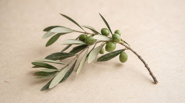 Fresh green olive branch with leaves on a light textured background