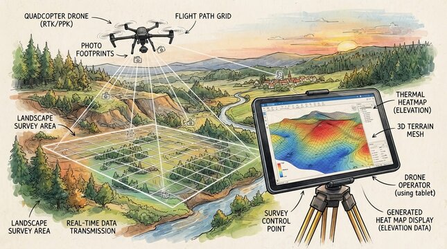 Conceptual Illustration of Drone Aerial Surveying Technology for Landscape Mapping and Terrain Data