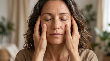 Fototapeta premium Middle aged woman massaging face for sinus relief and headache relaxation
