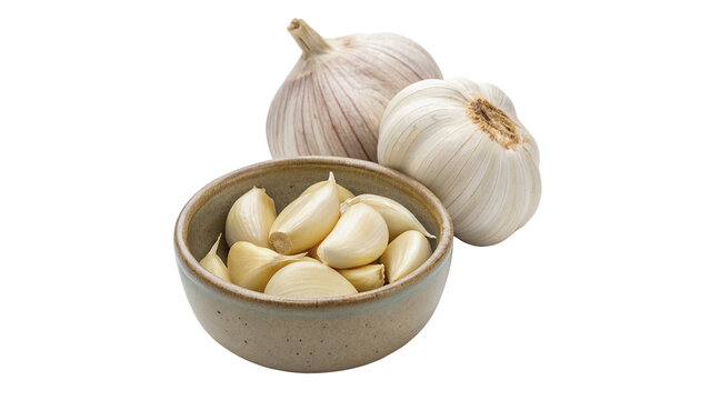 Fresh raw garlic bulbs and cloves in bowl isolated on transparent background