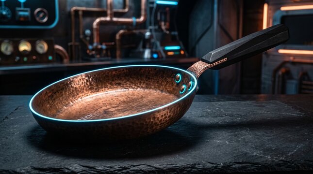 Classic aged copper frying pan with geometric wooden handle, glowing cyan rivets and ice blue edge lighting in a retro-futuristic kitchen.