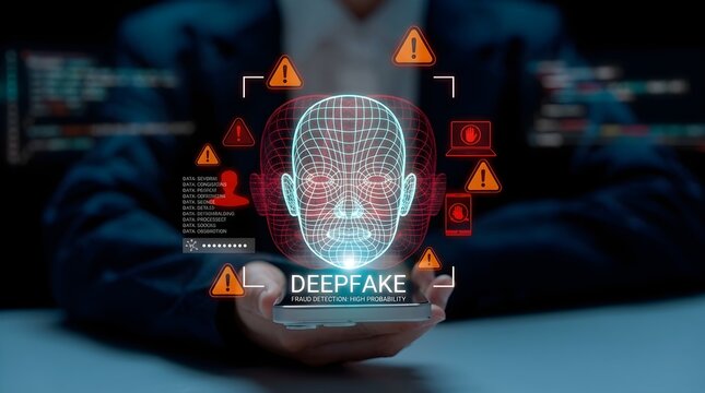 Businessman holding smartphone with deepfake facial recognition warning hologram concept of identity theft and cyber security risk
