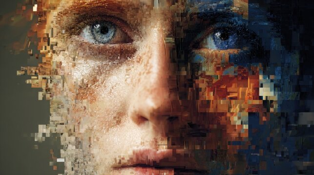 Digital art portraying a human face dissolving into pixelated blocks and vibrant splashes of color.