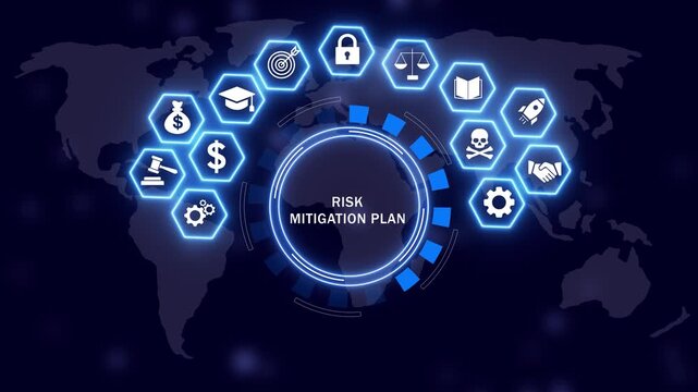 Comprehensive risk mitigation plan digital interface with glowing neon global business strategy infographic, corporate security management, financial compliance and cyber risk assessment motion
