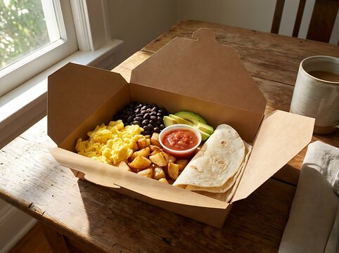 Healthy mexican breakfast meal in cardboard takeout box on wooden table with natural light. mexican food boxes