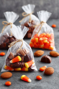 Halloween. Halloween candy bags with candy corn, chocolates, nuts, and orange treats on gray tabletop, festive seasonal still life arrangement