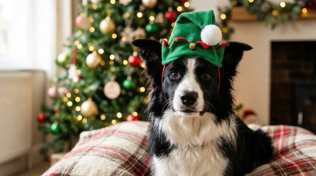 Black and white border collie dog wearing green elf hat in front of decorated christmas tree