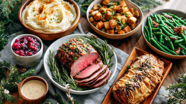 New Year and Christmas. Roasted holiday meal with glazed meat, green beans, mashed potatoes, stuffing, cranberry sauce and gravy in serving dishes