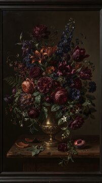 Classical Dark Still Life Oil Painting with Rich Burgundy Flowers in Vase