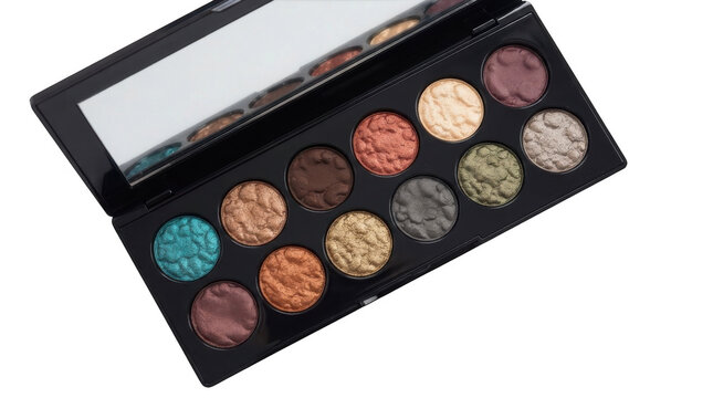 Open eyeshadow makeup palette with multi-colored metallic pigments on a white background