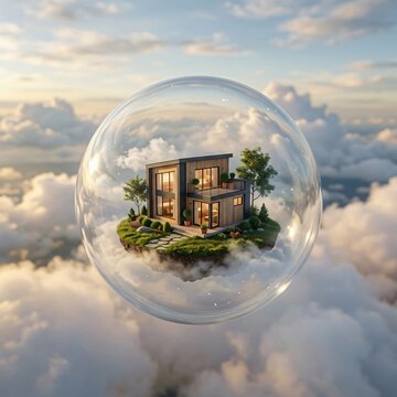 Surreal Tiny House Inside Glass Sphere Above the Clouds