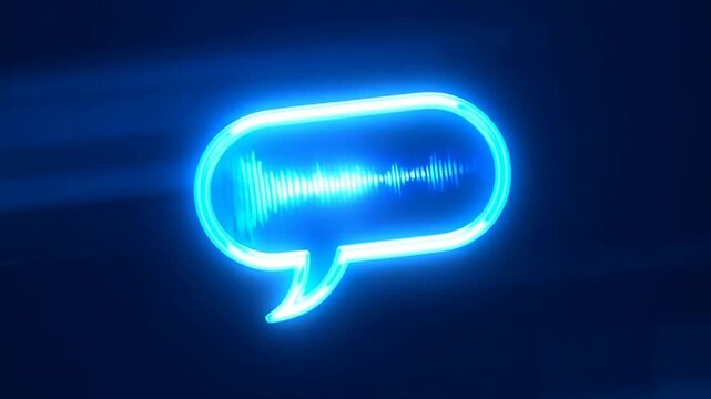 Glowing speech bubble with a pulsing audio waveform in an abstract digital space. Messaging app promotion, voice communication presentation, and podcast branding.