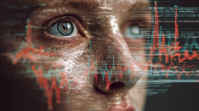 Human face with textured skin is overlaid with digital data visualizations and glowing red financial graphs representing data analytics and cyber technology.
