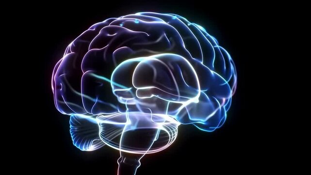 Glowing human brain anatomy rotates slowly on a black background. Medical education, neuroscience presentations, and neurology communication.